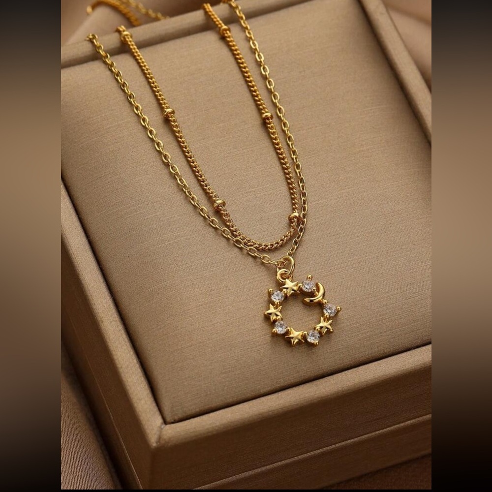 Gold Pendant Star and Moon Cubic Zirconia 2 Chain Layers Necklace Set